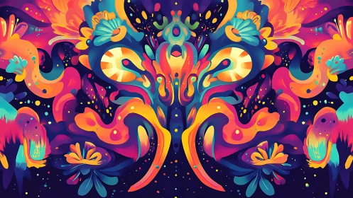 Symmetric neon biomorphic field with kaleidoscopic flow dynamics.