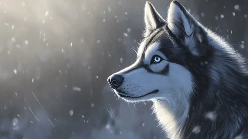 Husky profile digital painting under soft falling snow.