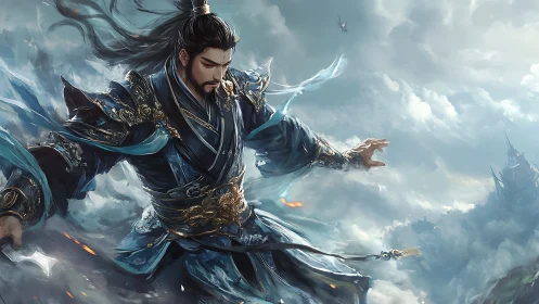 Aerodynamic wuxia swordsman amid volumetric storm clouds.