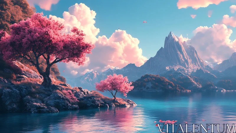 Dreamy pink lakeside trees under soft mountain skies.