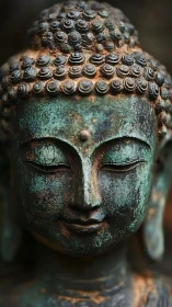 Weathered bronze Buddha face with serene patina detail.