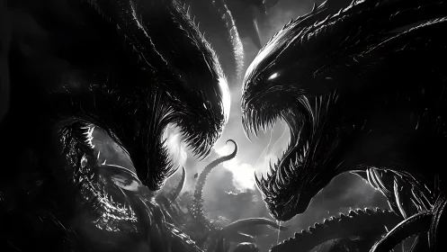 Hostile alien creatures facing off in monochrome duel.