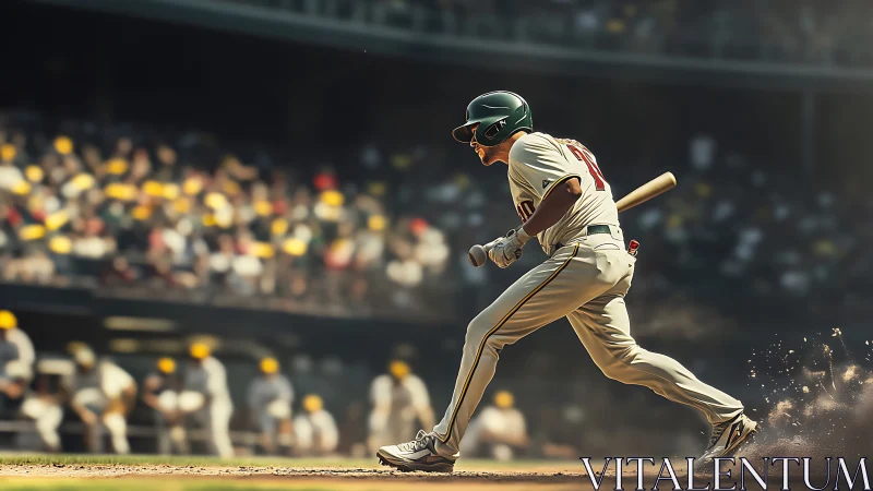 Baseball runner explodes from batter’s box under stadium lights.
