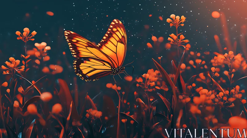 Luminous monarch drifts through ember-lit twilight meadow.