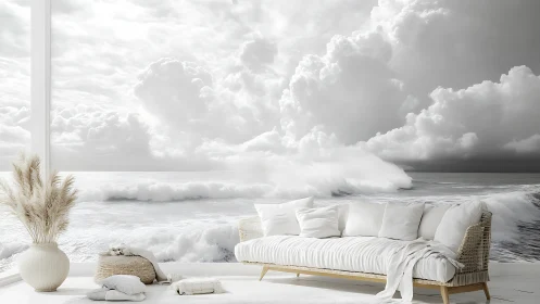 Photorealistic coastal mural with minimalist neutral interior integration.