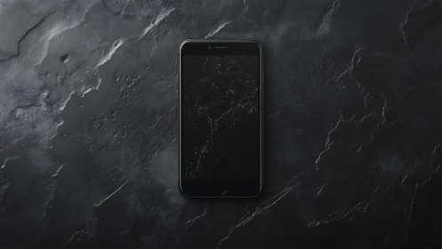 Top-down view of smartphone on textured dark slate surface
