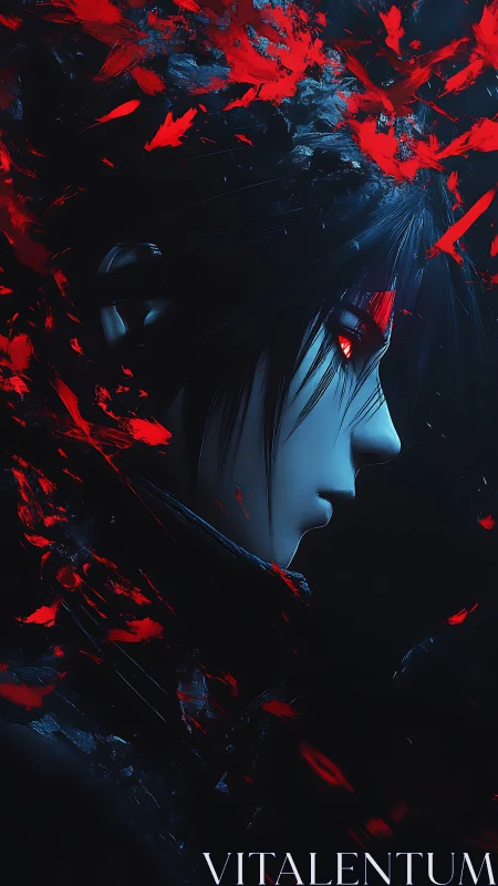 Brooding anime warrior stands in drifting crimson embers