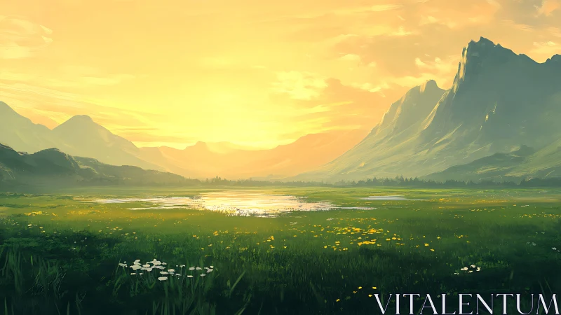 Golden valley sunrise over calm lake and quiet peaks.