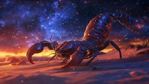 Bioluminescent desert scorpion under cosmic twilight sky.