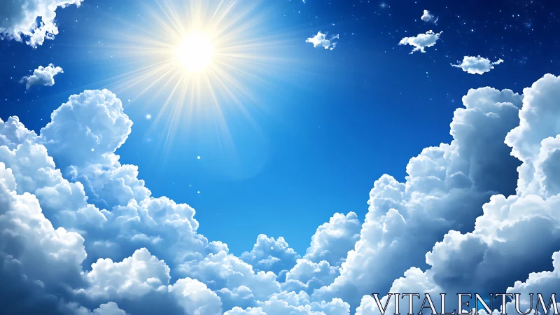 Sunlit cumulus cloudscape under clear deep blue sky.