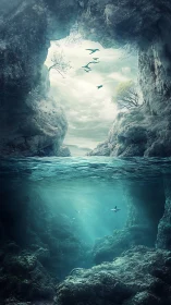 Submerged sea cave divides tranquil sky and abyss.