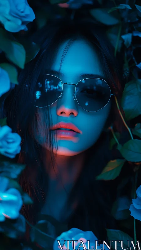 Neon-lit girl in sunglasses emerges from luminous blue roses