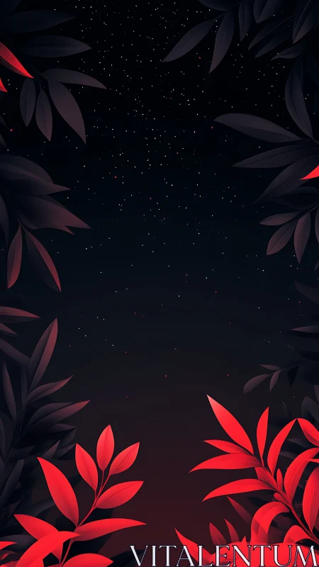 Scarlet foliage framing a star-speckled midnight sky.