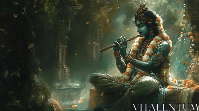 Krishna plays flute in mystical forest temple light.