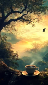 Coffee cup on forest ledge under layered morning sky.