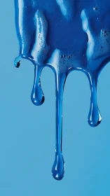 Viscous cobalt liquid drips downward against flat cyan field