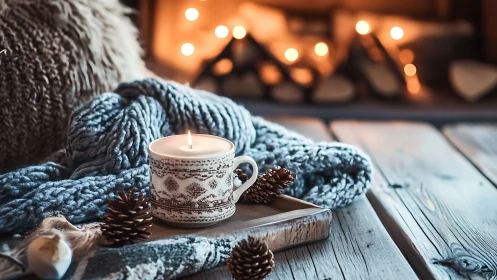 Photorealistic winter still life with candlelit hygge textures.