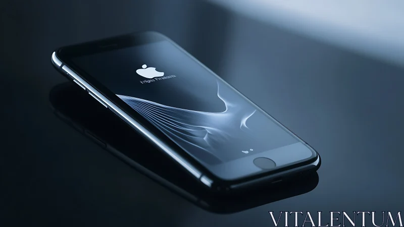 Black iPhone with luminous Apple logo against dark studio backdrop.