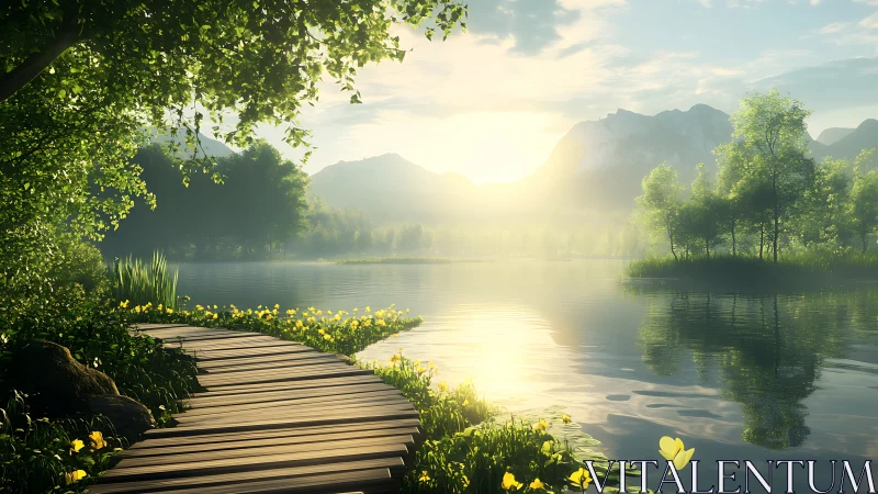 Golden lakeside sunrise along a quiet wooden path.