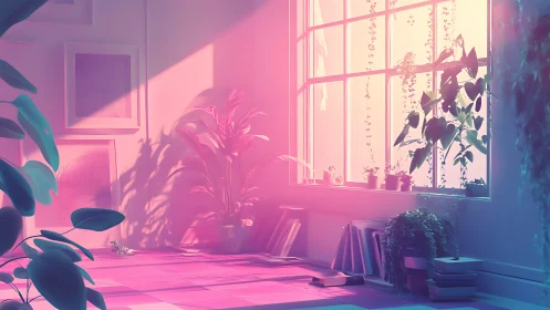Sunlit pastel studio corner with lush indoor plants bathed pink.