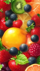 Colorful mixed fruit close-up with berries and citrus.
