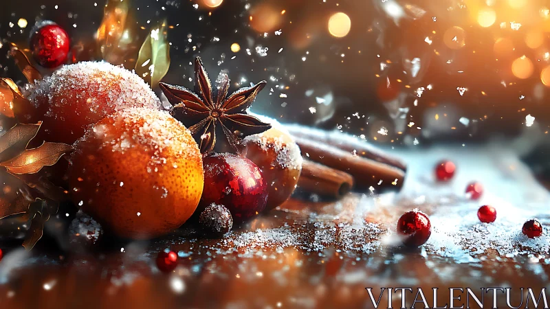 Snow-dusted citrus and spices glow in warm festive light
