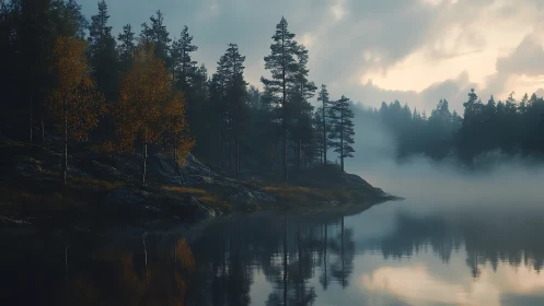 Foggy conifer forest reflects on calm lake at dawn