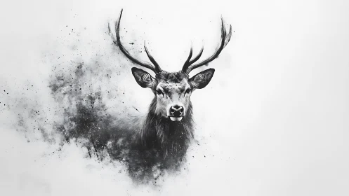 Monochrome stag portrait with abstract ink dispersion effect.