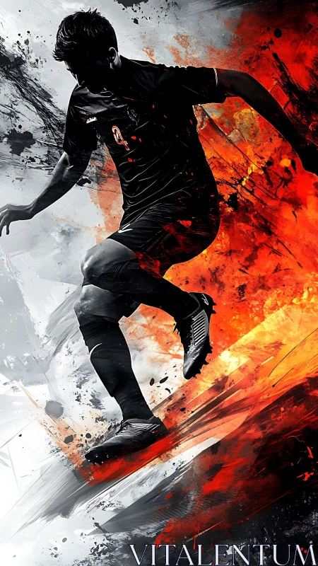 Silhouetted soccer player jumps across abstract fire field