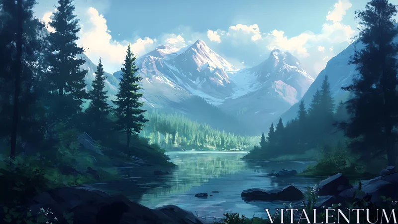 Quiet mountain lake wrapped in pine forest light.