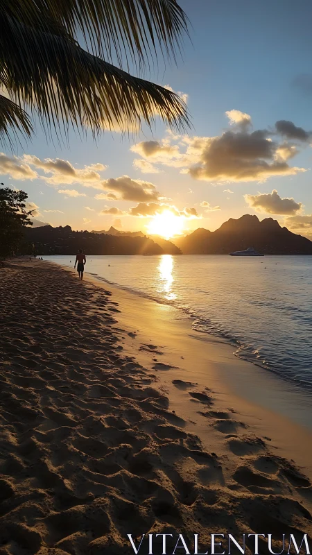 Tropical beach sunset with palm silhouettes and mountains.