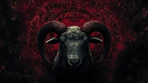 Black ram head dominates occult red sigil background.