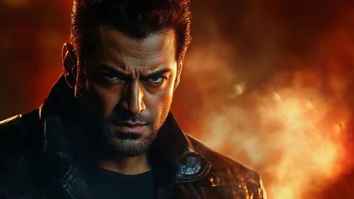 Brooding action hero glares through cinematic ember haze.