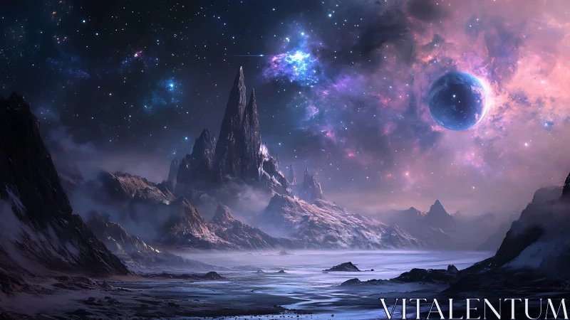 Glacial alien range under nebular sky and eclipsed exoplanet