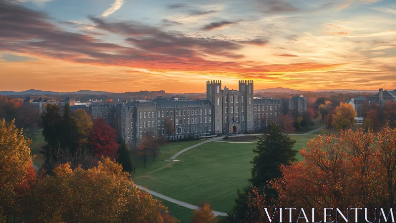 Collegiate Gothic campus building across central autumn lawn.