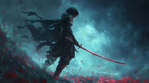 Stormwalk samurai poised above a red whispering battlefield.