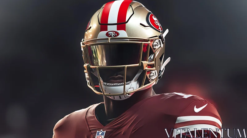 Football player wears reflective 49ers helmet under stadium lights