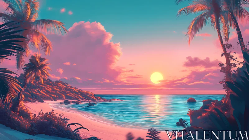 Neon sunset bathes a tranquil tropical beach in pastel light.