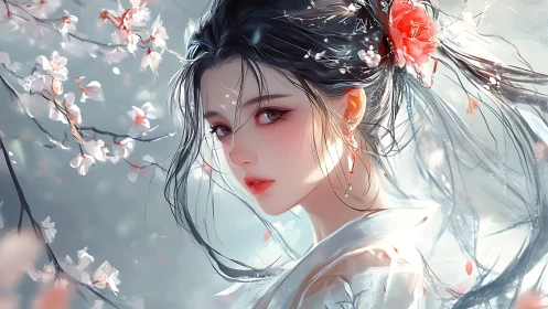 Woman in traditional dress stands among soft cherry blossoms