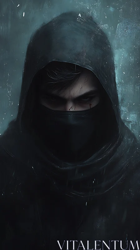 Hooded rogue with intense stare in dark rain-soaked scene.