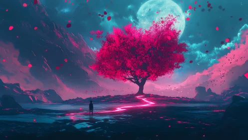 Solitary figure observes neon-lit tree beneath full moon