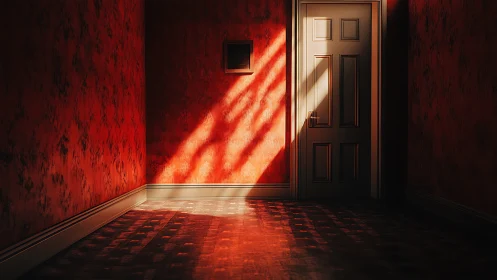 Sunlight cuts across red hallway toward closed interior door
