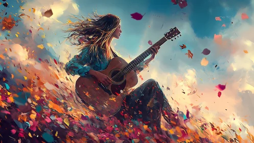 Windblown guitarist in vibrant floral storm, sunset sky