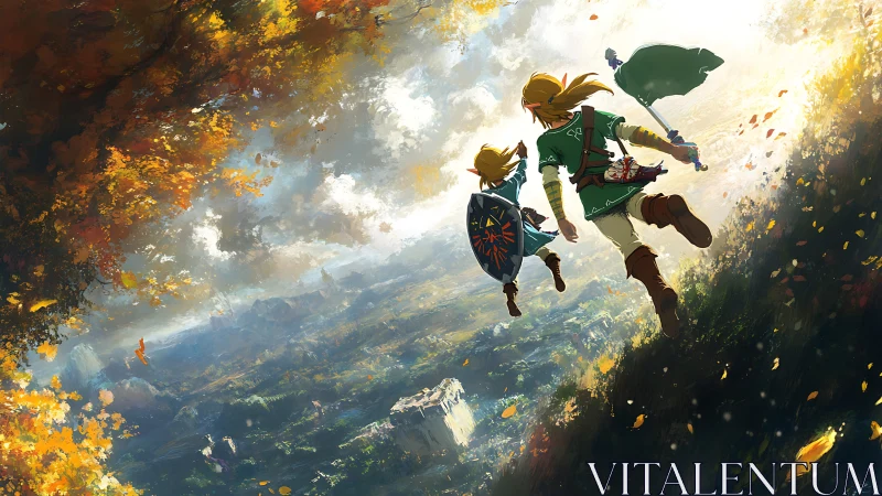 Heroes sprint toward vast sunlit valley from cliff edge