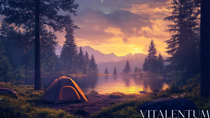 Sunset camping tent beside tranquil forest mountain lake