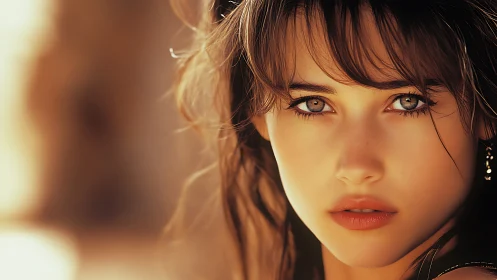 Close-up portrait of young woman with intense gaze.