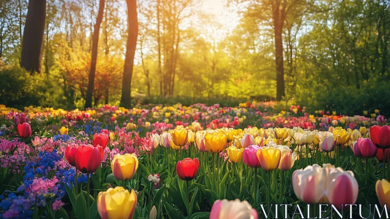 Spring Tulip Garden in Sunlit Forest
