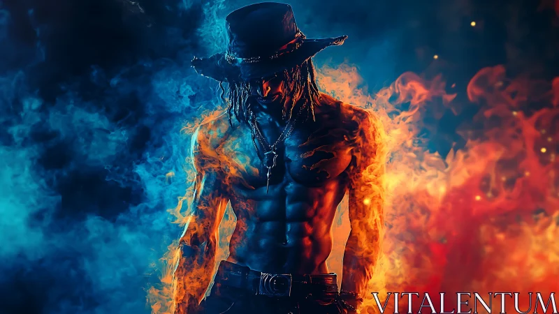 Elemental cowboy stands between roaring fire and ice smoke.