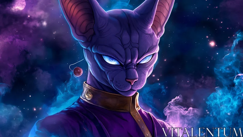 Galactic sphynx warlord glows amid nebula storms of starlight.