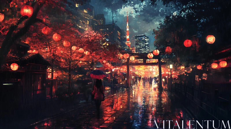 Rain-soaked Tokyo street glows under red lantern light.